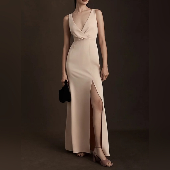 BHLDN by Anthropologie Women's Piper V-Neck Side-Slit Satin Gown in Oyster, 26W - Picture 1 of 12